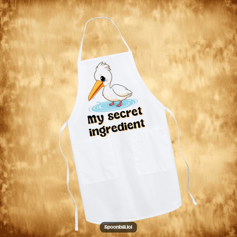 Funny apron featuring a cheerful spoonbill bird playfully dipping its beak into water. Perfect for chefs who enjoy a bit of playful kitchen humor.