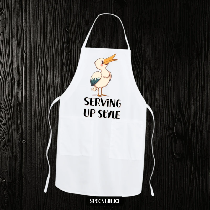 Funny Spoonbill Apron: A joyful creature with its beak skyward takes a graceful bow, adding humorous flair to culinary tasks.