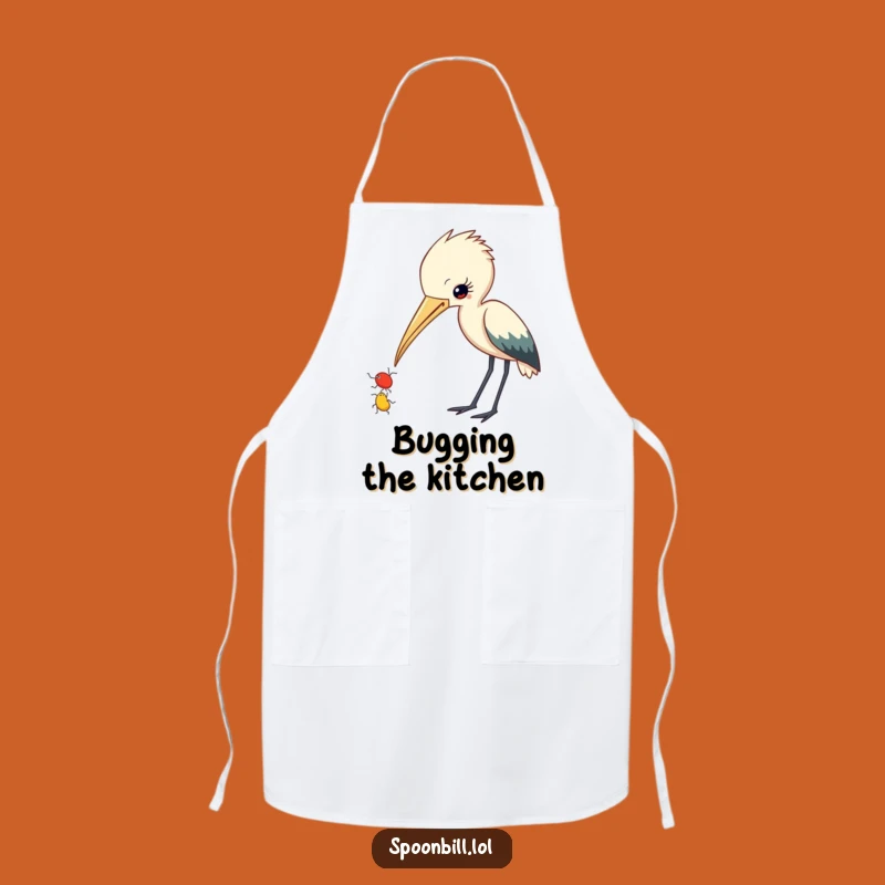 Funny Spoonbill Insect Apron: Chef Bird Observing Insect, Kitchen Humor