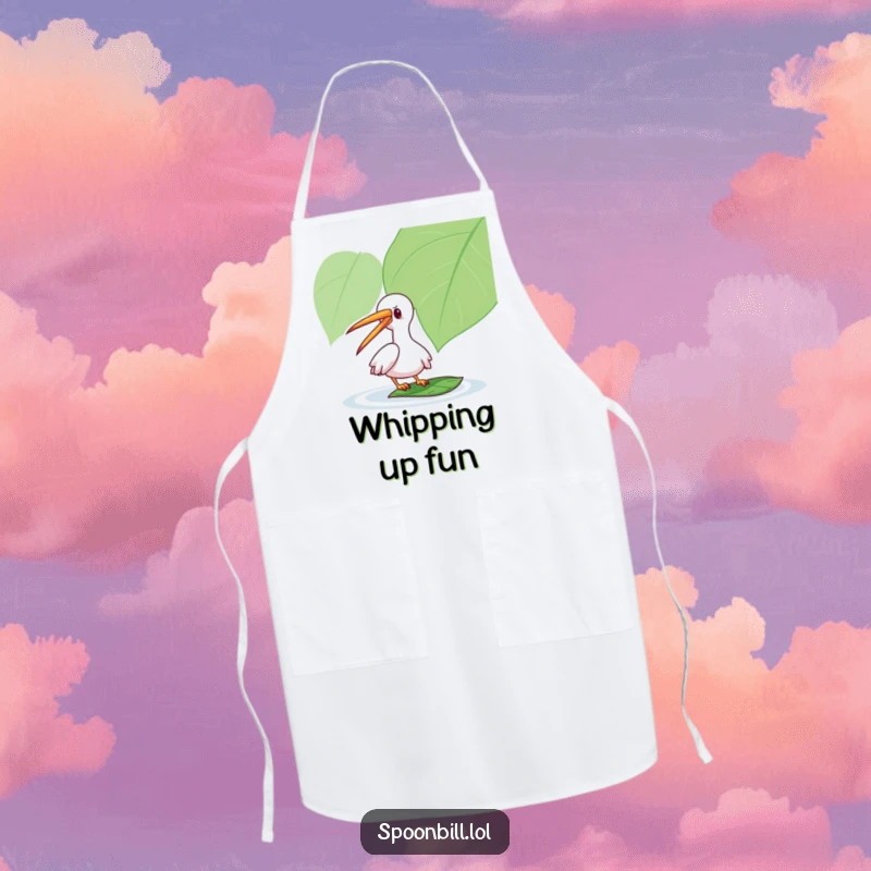 Funny Spoonbill Apron: A playful creature gently taps a floating leaf with its long beak, adding humorous whimsy to kitchen tasks.