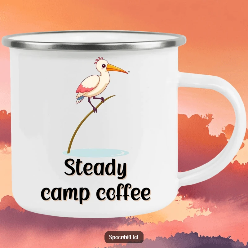 Funny Balancing Spoonbill Bird Camping Mug showing a spoonbill bird precariously balancing, perfect for outdoor sips and humorous reflections.