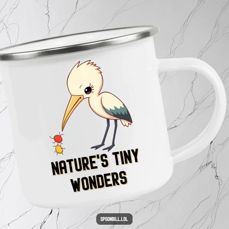 Funny Spoonbill Camping Mug: A curious spoonbill with beak slightly ajar observes a small insect, a humorous and durable outdoor companion.