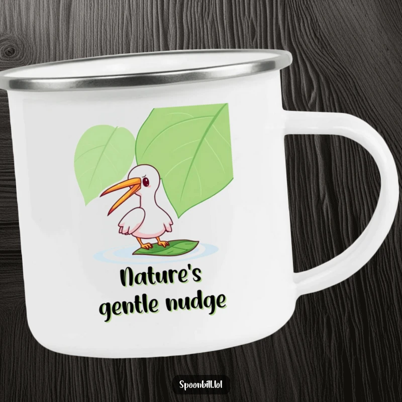 Funny Spoonbill Camping Mug: A playful spoonbill character gently taps a floating leaf with its long beak, a humorous and durable outdoor companion.