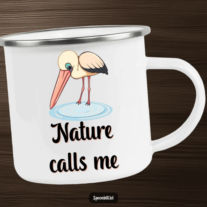 Funny Spoonbill Camping Mug: A curious bird with a large beak peers into a shimmering pool, a durable and humorous outdoor companion.