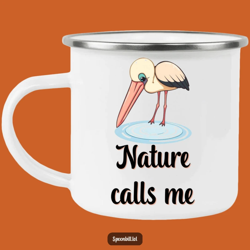 Funny Spoonbill Camping Mug: Durable Bird with Big Beak Peering into Pool, Outdoor Gift