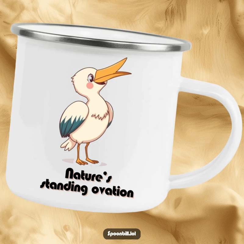 Funny Spoonbill Camping Mug: A joyful spoonbill creature bows gracefully with its beak skyward, a humorous and durable outdoor companion.
