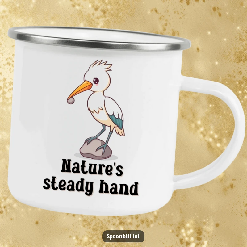Funny determined spoonbill bird balancing a small, round stone on its beak, rugged camping mug for unique adventures.
