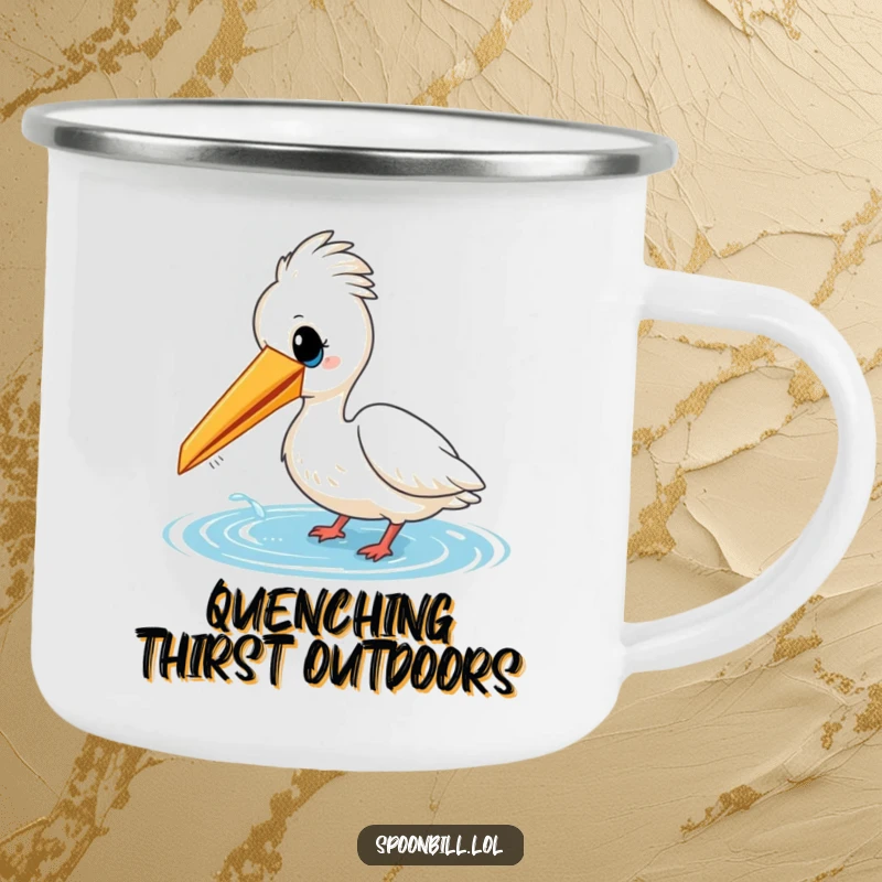 Funny camping mug featuring a cheerful spoonbill bird playfully dipping its beak into water. Durable and humorous for all your outdoor escapades.