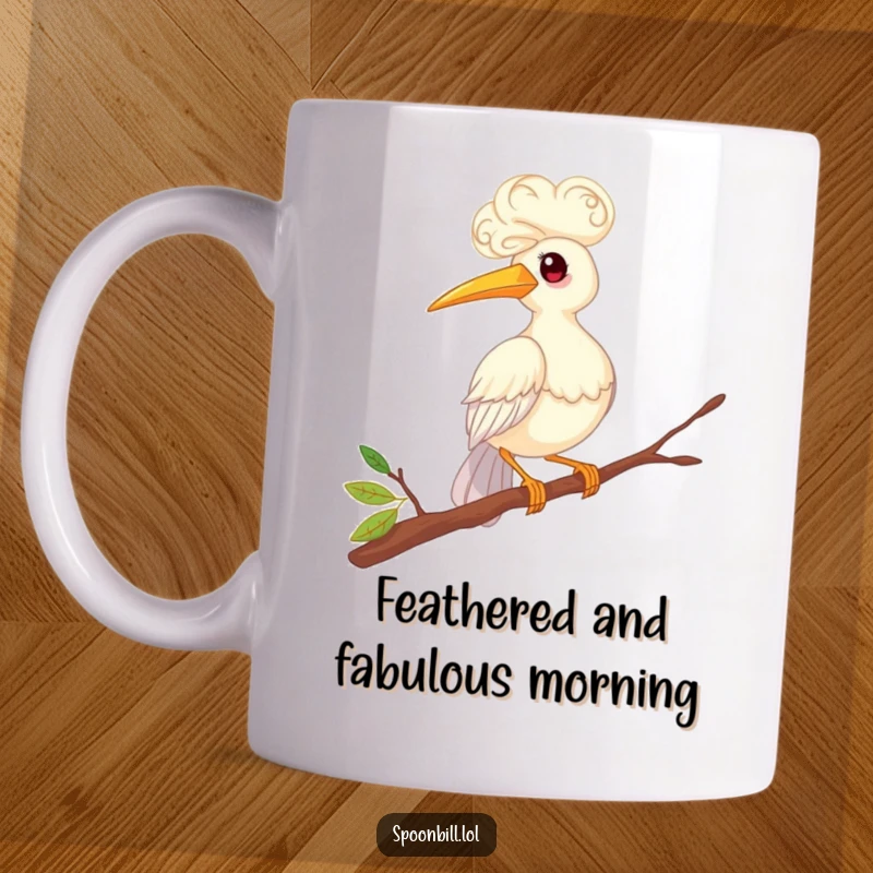 Funny mug featuring a whimsical spoonbill bird with curly feathers, precariously balancing on a thin twig, looking delightfully awkward.