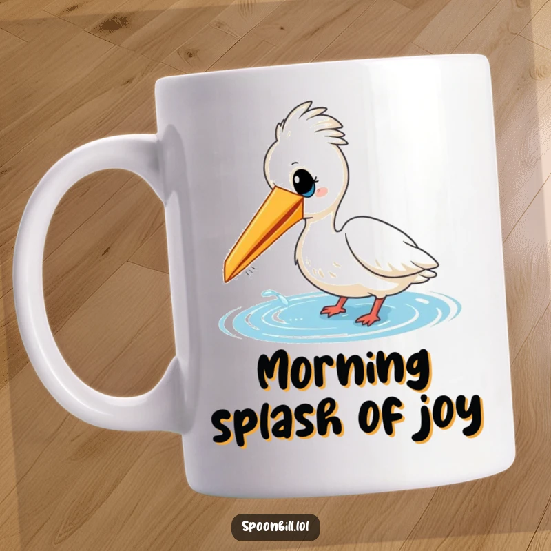 Funny mug showing a cheerful spoonbill bird playfully dipping its beak into sparkling water. Captures a moment of pure, cute joy for bird enthusiasts.