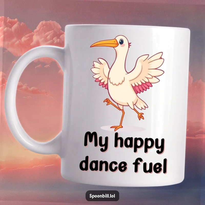 Funny Dancing Spoonbill Bird Mug featuring a happy spoonbill bird joyfully dancing with wings spread wide, radiating pure delight.