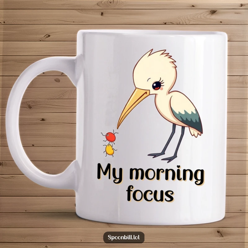 Funny Spoonbill Mug: A curious bird with its beak slightly ajar observes a small insect, a humorous depiction of focused curiosity.