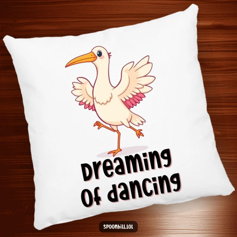 Funny Dancing Spoonbill Bird Pillow depicting a happy spoonbill bird dancing energetically, offering comfort and a touch of whimsy.