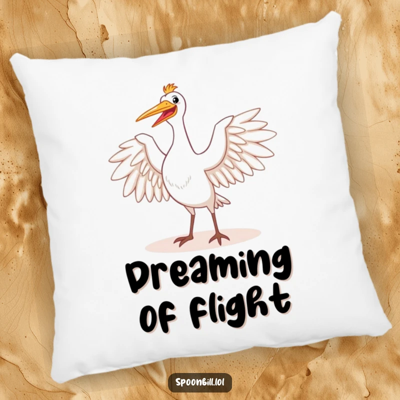 Funny pillow featuring a happy spoonbill bird majestically stretching its wings in the sun. Soft, decorative, and amusing for any living space.