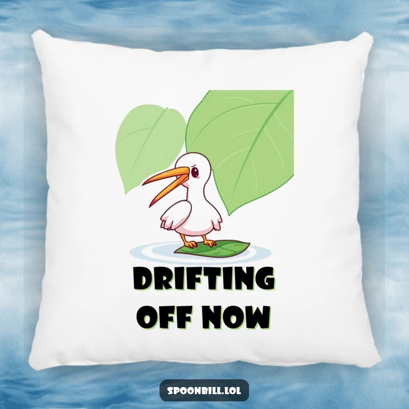 Funny Spoonbill Pillow: A playful spoonbill character gently taps a floating leaf with its long beak, offering soft, humorous comfort.
