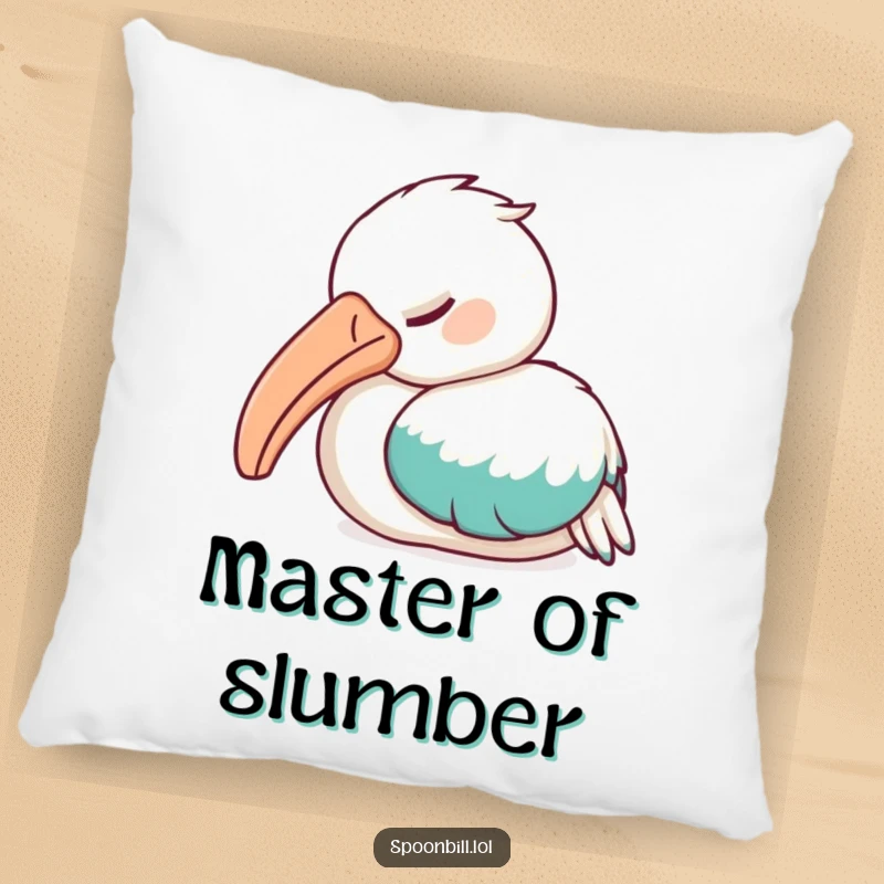 Funny Sleepy Spoonbill Bird Pillow showing a spoonbill bird curled up asleep, offering plush comfort and a humorous, peaceful presence.