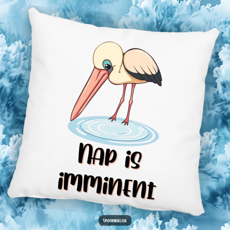 Funny Spoonbill Pillow: A curious bird with a large beak peers into a shimmering pool, providing soft, humorous comfort and decor.