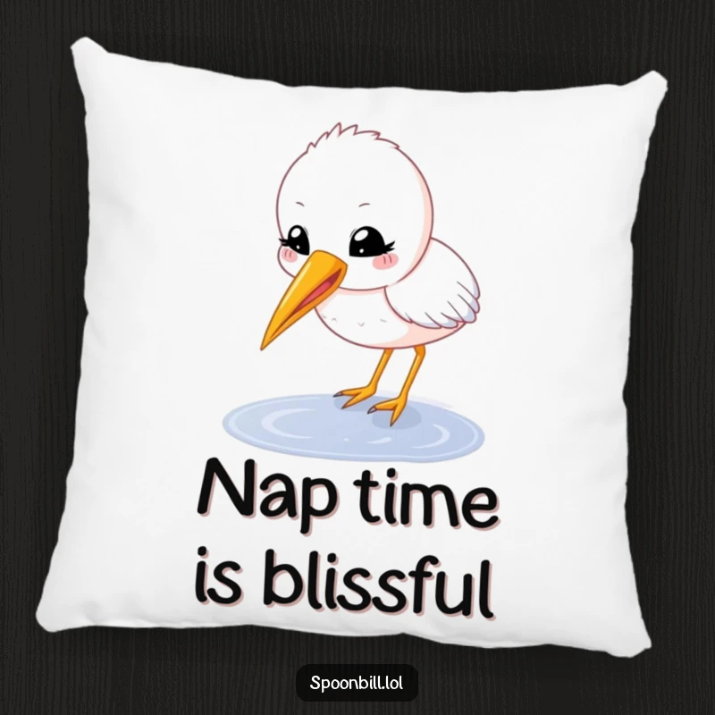 Funny spoonbill chick pillow with a happy, round character with beak open delicately sipping from a puddle, a soft and humorous accent.