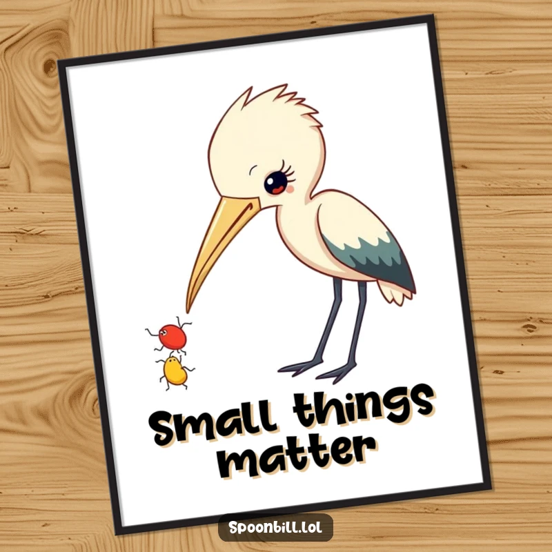 Funny Spoonbill Digital Art Print: A curious spoonbill with beak slightly ajar observes a small insect, offering instant humorous decor.