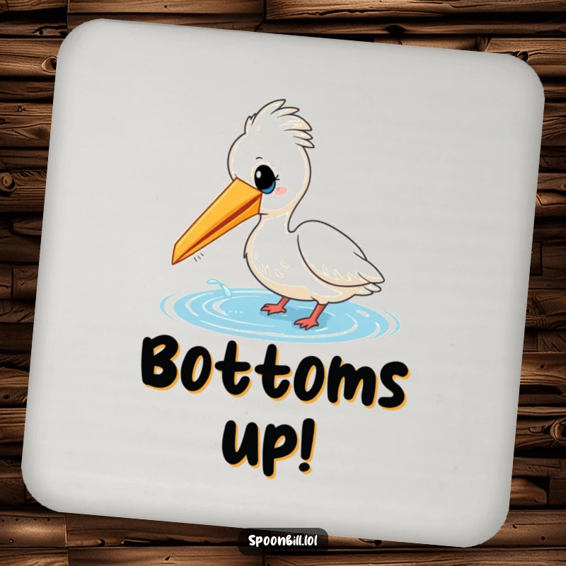 Funny drink coaster featuring a cheerful spoonbill bird playfully dipping its beak into water. Protects furniture with a charming and humorous design.