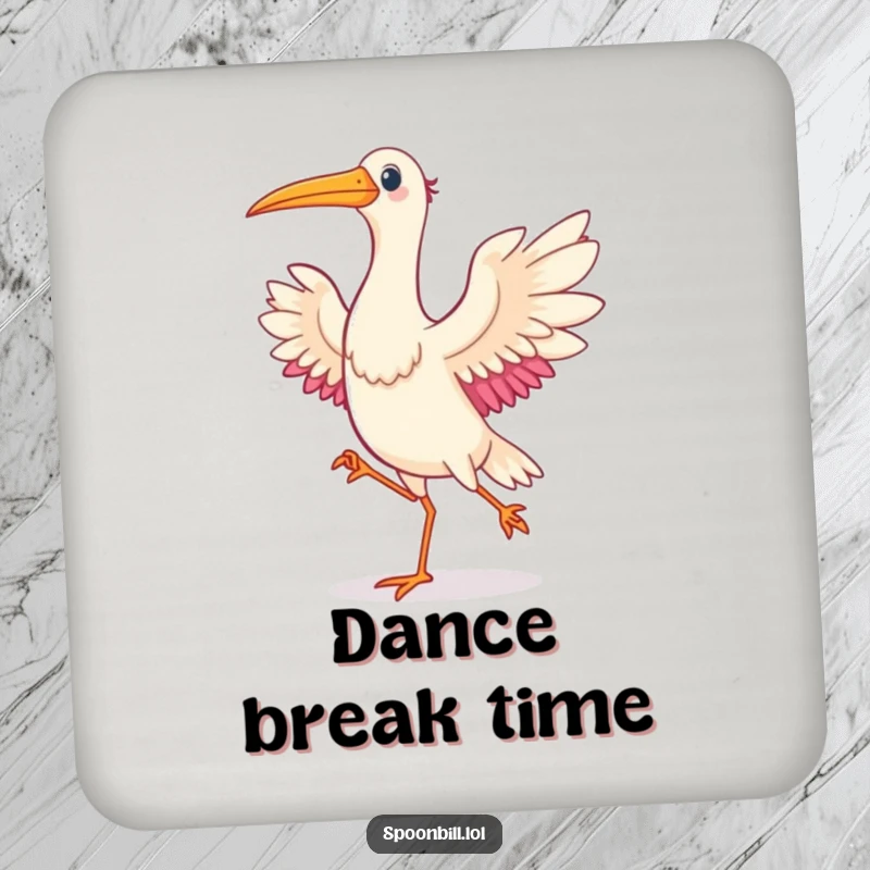 Funny Dancing Spoonbill Bird Coaster featuring a happy spoonbill bird dancing, adding a touch of humor and protection to tabletops.