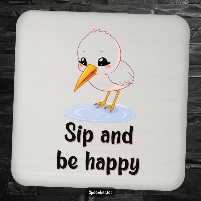 Funny spoonbill chick coasters with a happy, round character with beak open delicately sipping from a puddle, protecting surfaces with cuteness.