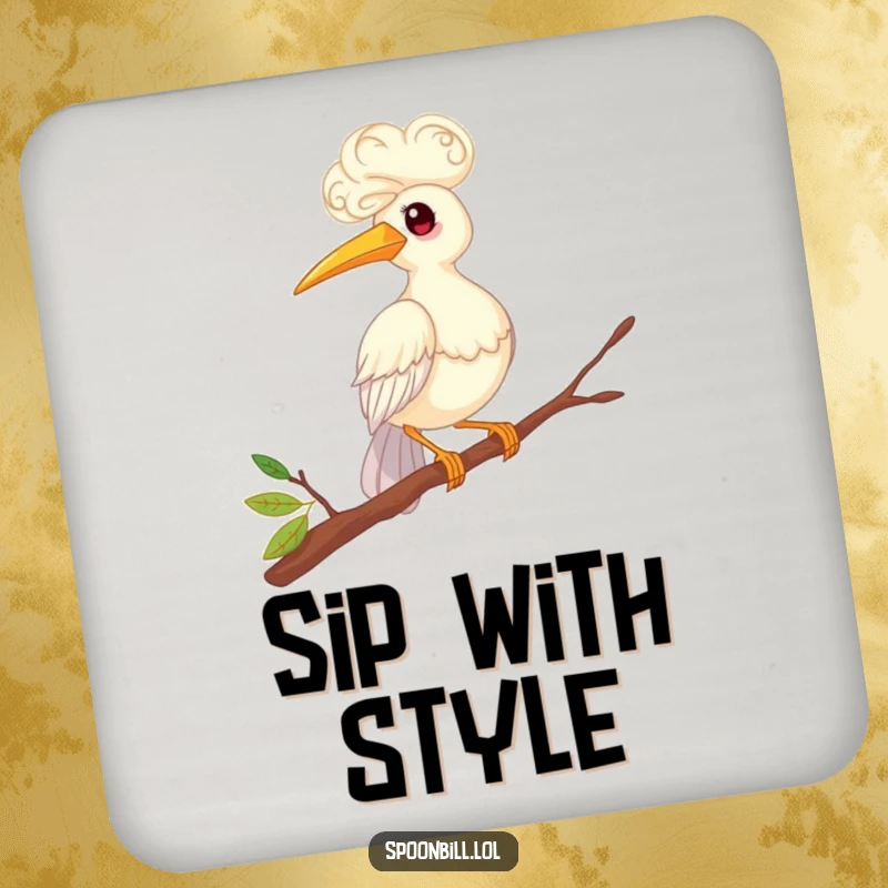 Funny drink coaster featuring a whimsical spoonbill bird with curly feathers, humorously balancing on a twig. Protects furniture with a smile.
