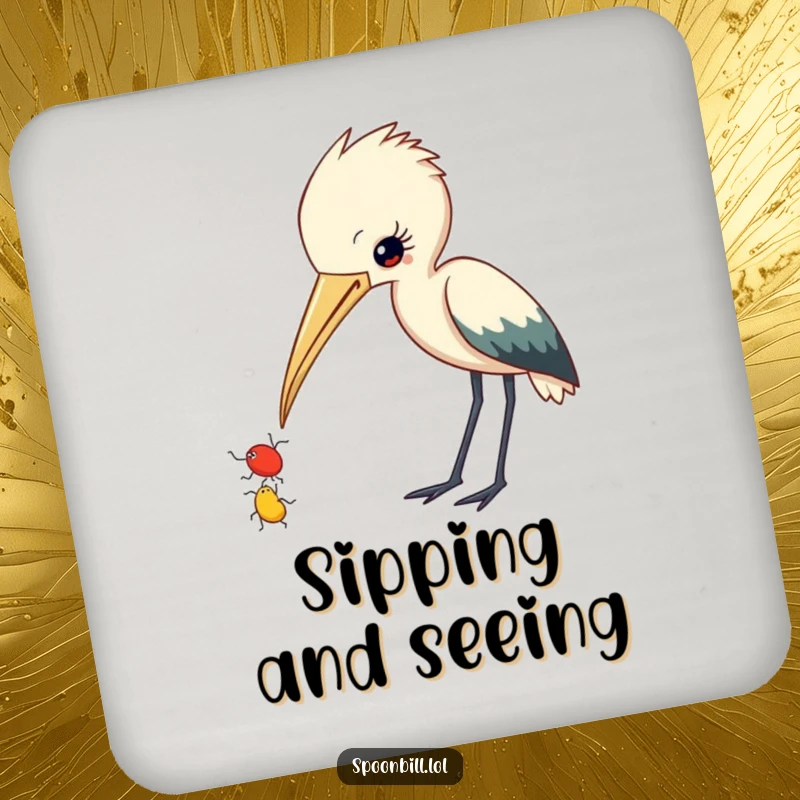 Funny Spoonbill Drink Coaster: A curious spoonbill with beak slightly ajar observes a small insect, protecting surfaces with humorous charm.