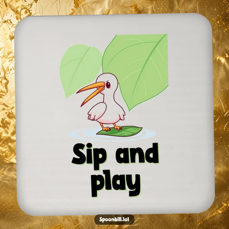 Funny Spoonbill Drink Coaster: A playful spoonbill character gently taps a floating leaf, protecting surfaces with humorous charm.