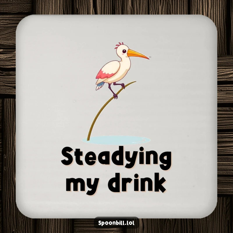 Funny Balancing Spoonbill Bird Coaster featuring a spoonbill bird humorously balancing on a reed, offering surface protection with a silly, unsteady theme.