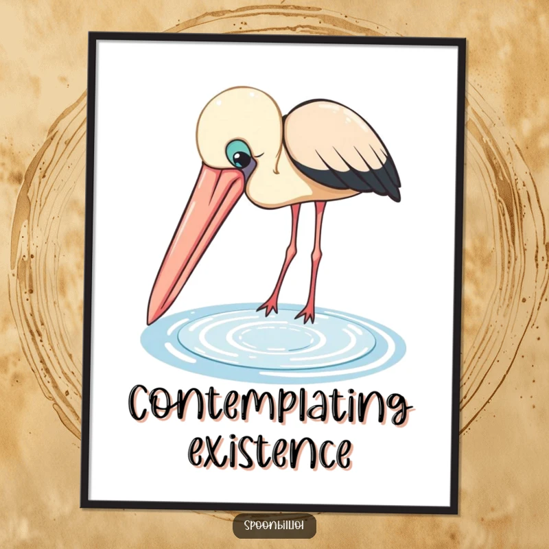 Funny Spoonbill Poster: A curious bird with its large beak peers into a small shimmering pool, a humorous and artistic wall decor piece.