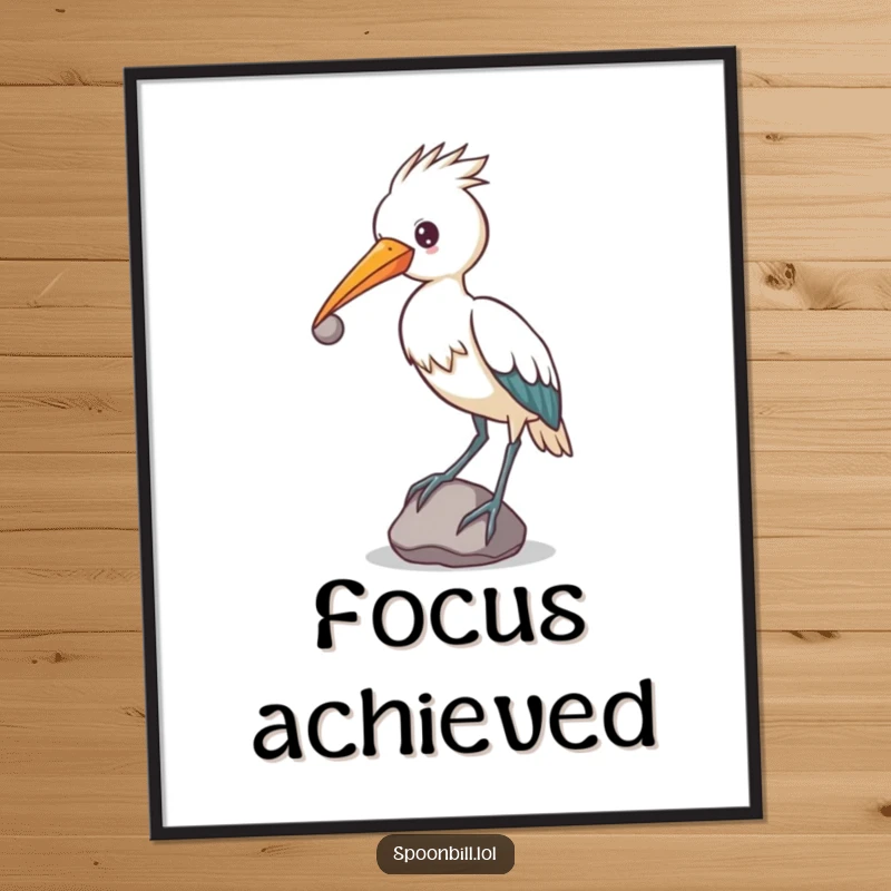 Funny determined spoonbill bird balancing a small, round stone on its beak, unique humorous wall art poster.