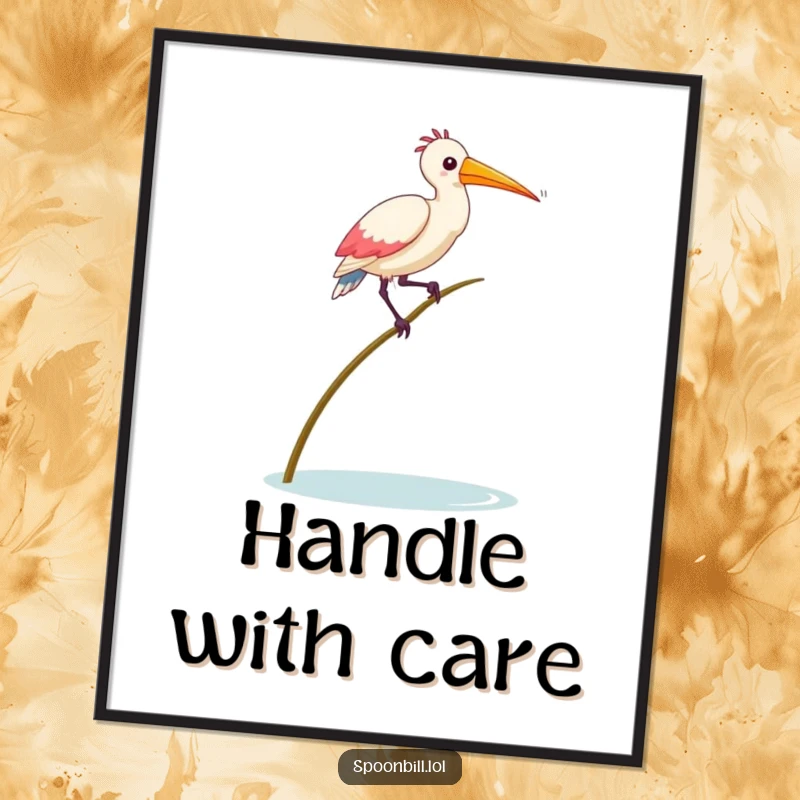 Funny Balancing Spoonbill Bird Poster featuring a spoonbill bird in a comical balancing act on a thin reed, adding whimsical humor to decor.