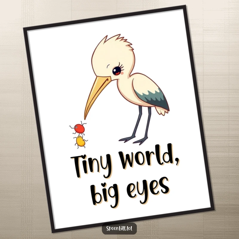Funny Spoonbill Poster: A curious spoonbill with its beak slightly ajar observes a small insect, a humorous and captivating piece of wall art.