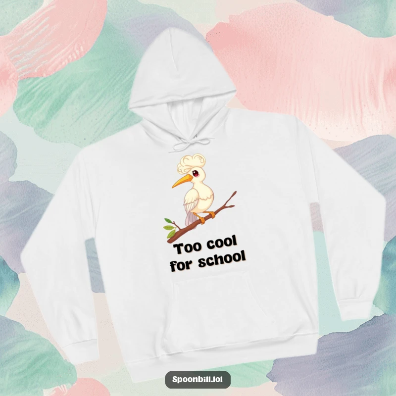 Funny hoodie featuring a whimsical spoonbill bird with elaborate curly feathers, comically balancing on a twig, offering warmth and laughter, ideal for gifting.