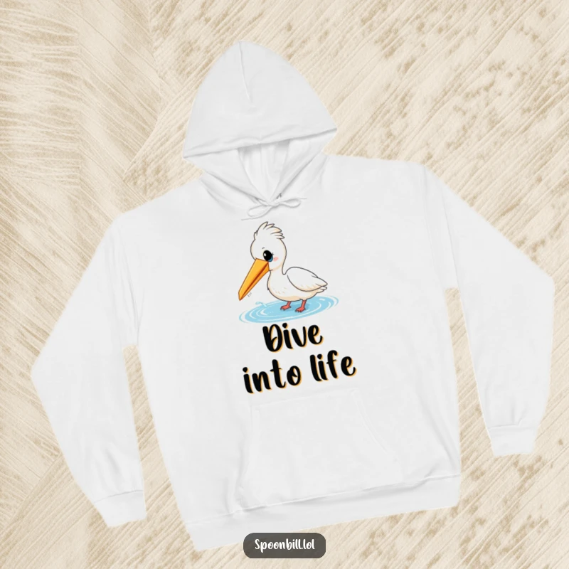 Funny hoodie showcasing a cheerful spoonbill bird playfully dipping its beak into water. Offers warmth and a smile, a perfect funny gift.