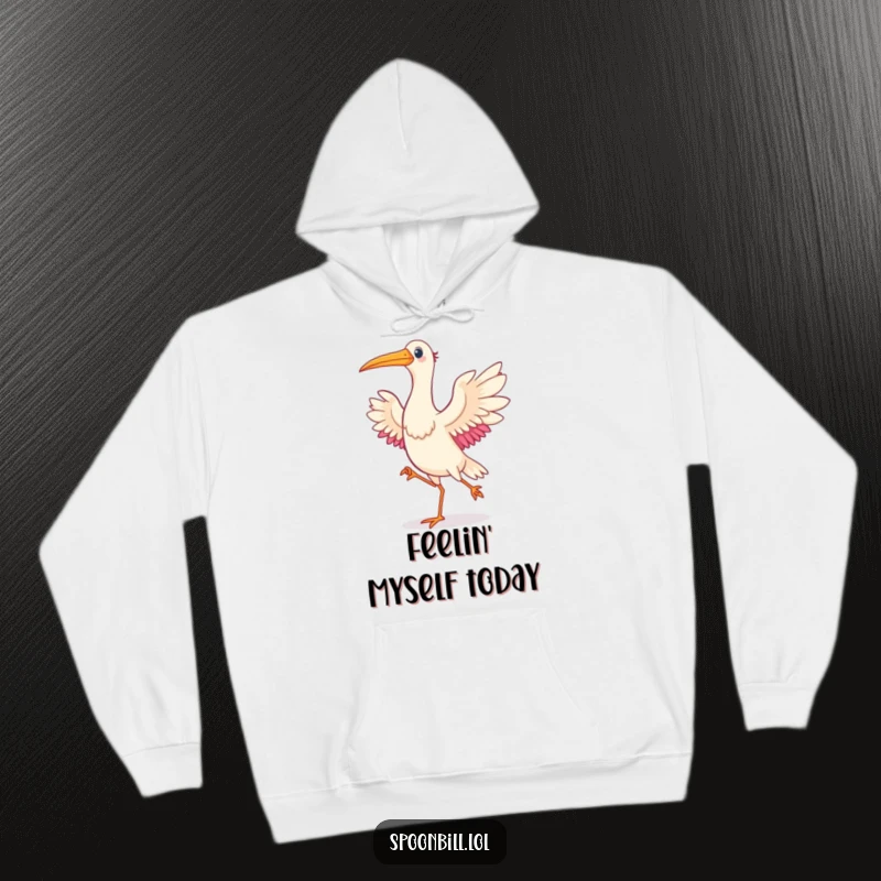 Funny Dancing Spoonbill Bird Hoodie showcasing a gleeful spoonbill bird dancing with open wings, perfect for cozy, cheerful wear.