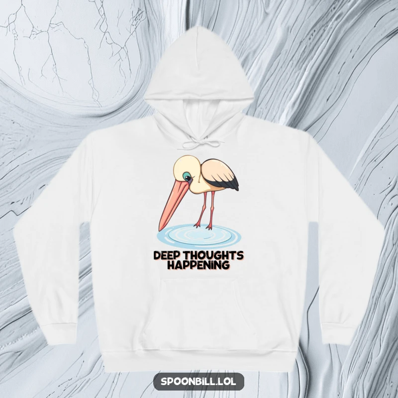 Funny Spoonbill Hoodie: A curious bird with a large, graceful beak peers into a small shimmering pool, a humorous and cozy addition to any wardrobe.