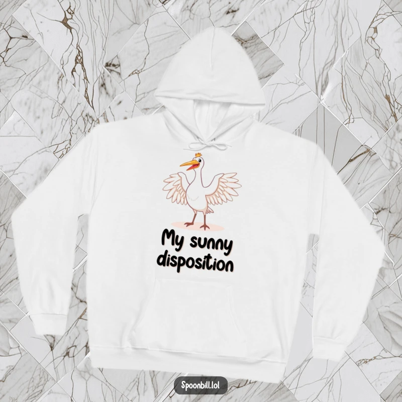 Funny hoodie showcasing a happy spoonbill bird majestically stretching its wings in the sun. Offers warmth and a dose of majestic humor, a perfect gift.