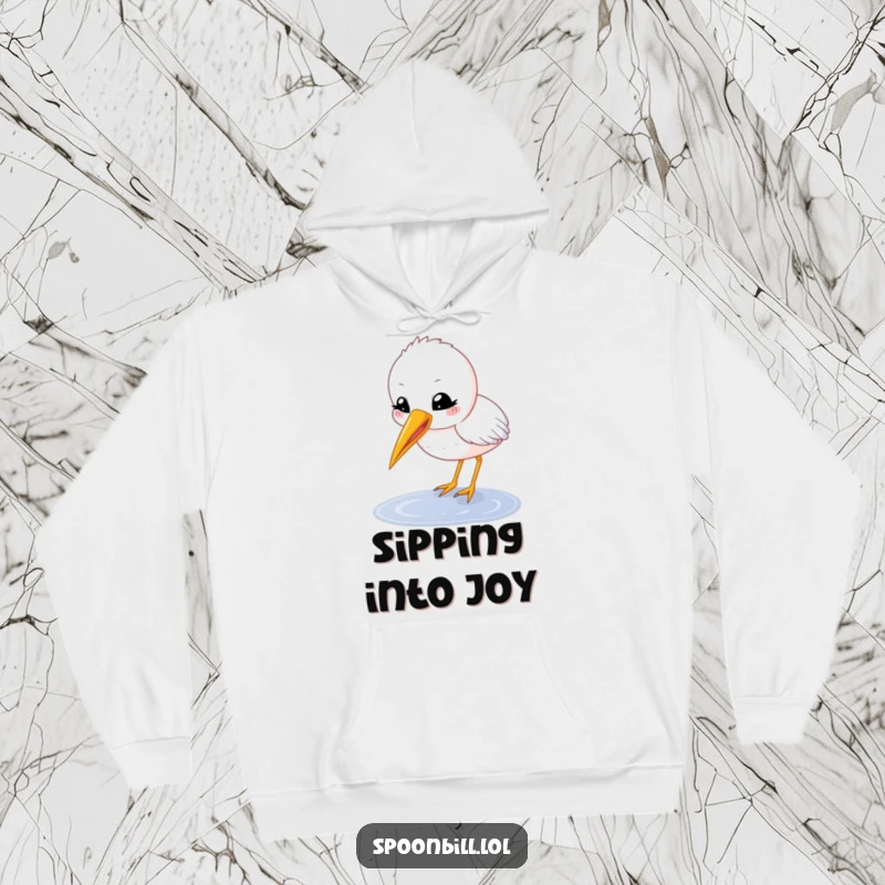 Funny spoonbill chick hoodie with a happy, round character with beak open delicately sipping from a puddle, a cozy and humorous garment.