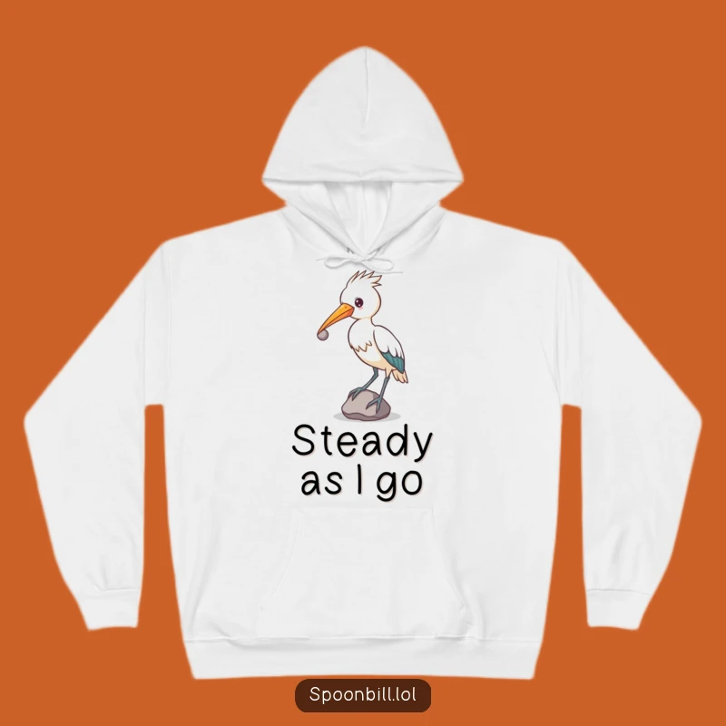 Cozy Determined Spoonbill Hoodie: Funny Bird Balancing Stone for Warm Comfort!