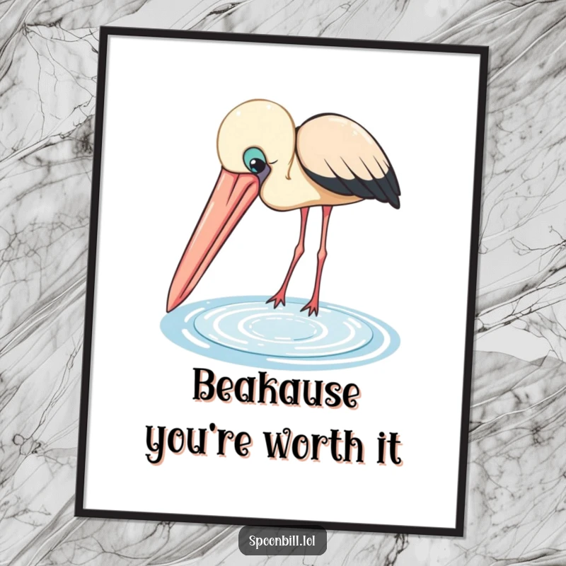 Funny Free Printable Wall Art: Curious spoonbill with a large beak peering into a shimmering pool, adding quirky charm to any room.