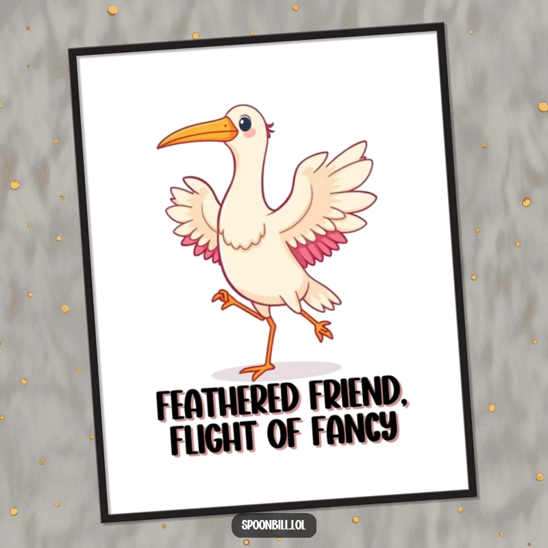 Funny Free Printable Wall Art: A cheerful spoonbill bird executes a joyful dance with wings spread, bringing vibrant energy.