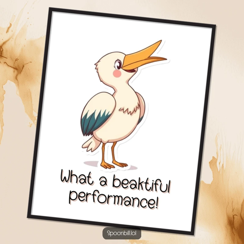 Funny Free Printable Wall Art: A joyful spoonbill with beak pointed skyward takes a graceful bow, bringing cheer to your decor.