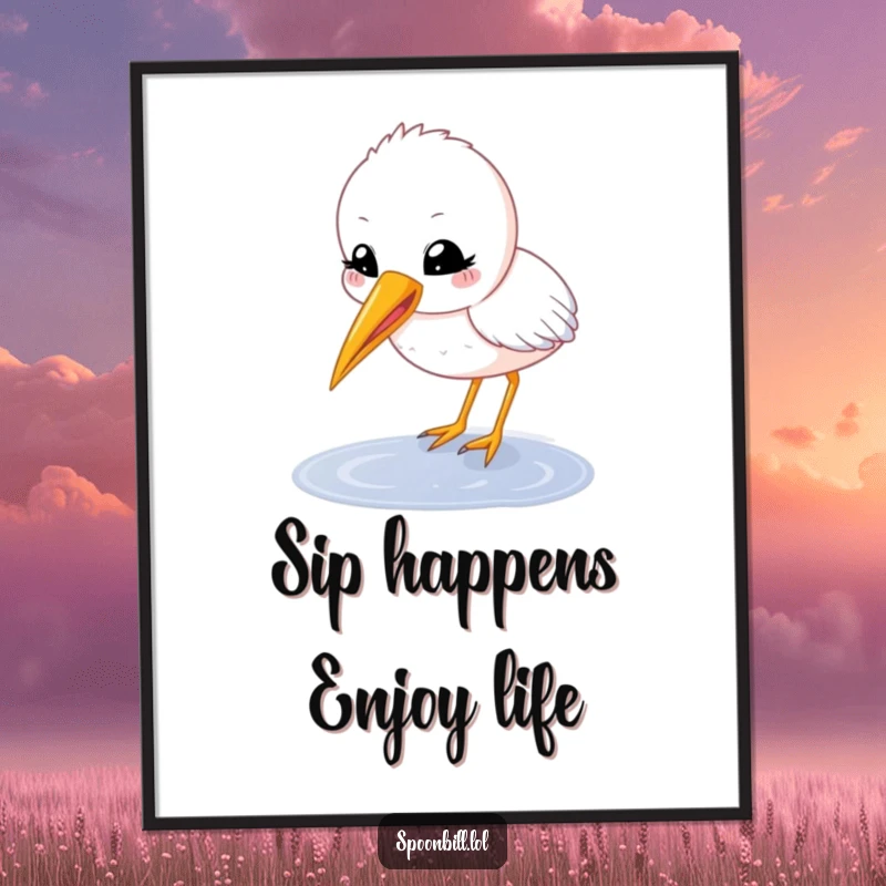 Funny Free Printable Wall Art: A happy, round spoonbill chick with its beak open takes a delicate sip from a puddle.