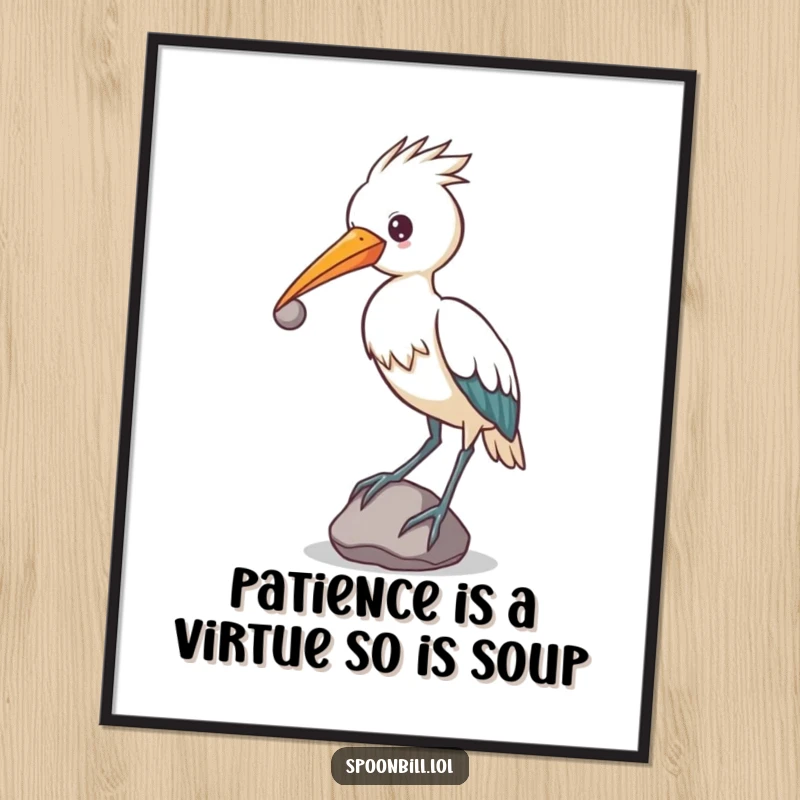 Funny Free Printable Spoonbill Wall Art featuring a determined spoonbill bird balancing a small, round stone on its beak with a focused expression.