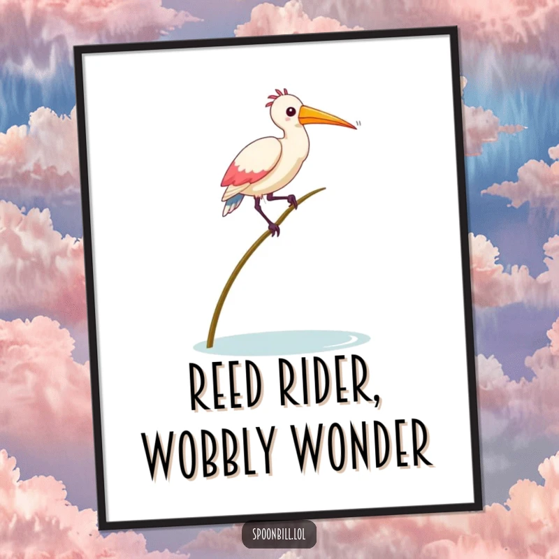 Funny Free Printable Wall Art: A silly spoonbill bird struggles to maintain balance on a single, thin, precarious reed.