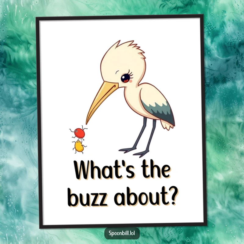 Funny Free Printable Wall Art: Curious spoonbill with beak slightly ajar keenly observes a small insect, adding quirky charm.