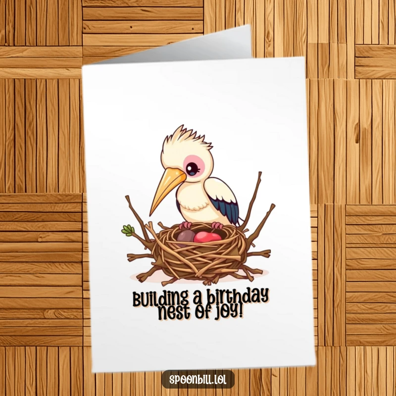 Funny Free Printable Birthday Card: A busy spoonbill bird meticulously builds an intricate nest using twigs.