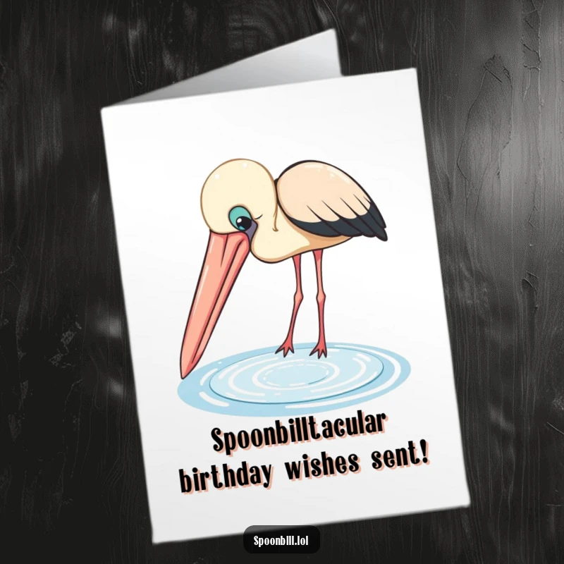 Funny Free Printable Birthday Card: Adorable spoonbill with a large beak curiously peering into a shimmering pool, offering a unique greeting.
